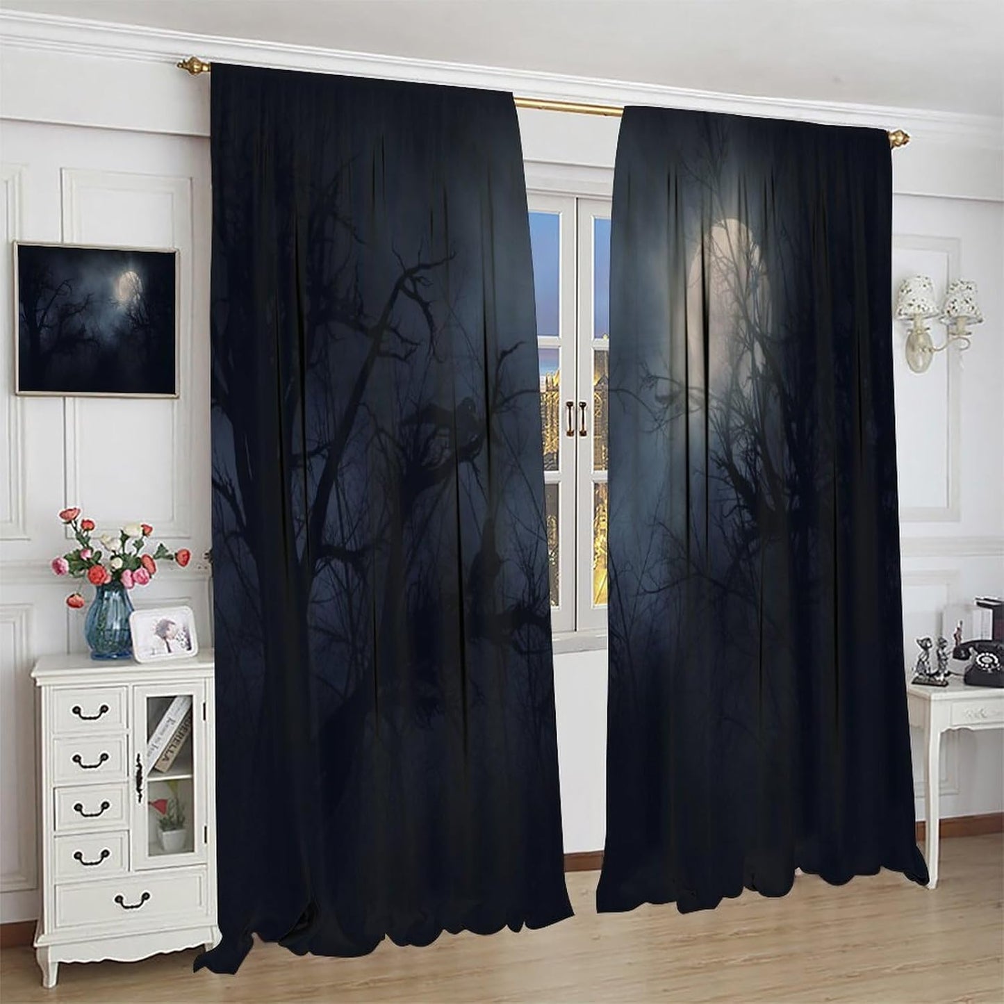 HZOHNAGO Gothic Curtains Rustic Gloomy Misty Crow Branch Moon Blackout Print Rod Pocket Window Drapes for Bedroom Living Room 42x45in