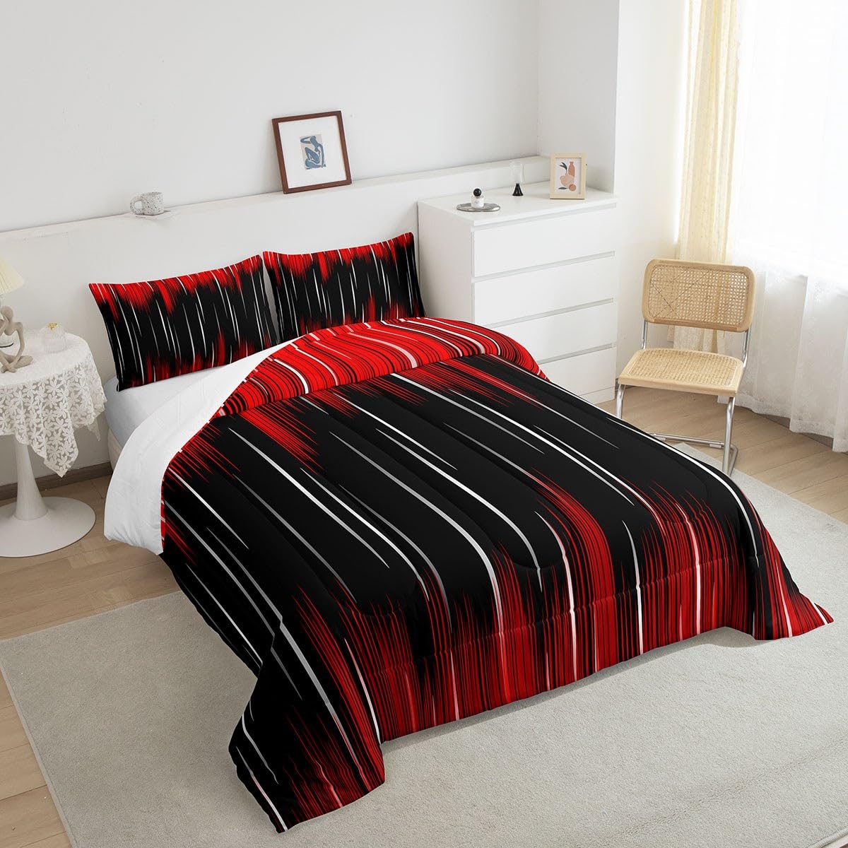 Feelyou Ombre Red Black Bedding Set Boys Girls Full Size Modern Reversible Comforter Set for Kids Ultra Soft Abstract Art Comforter Gradient Duvet Set Room Decor Quilt Set
