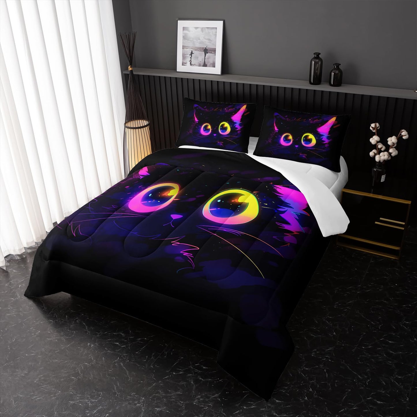 Nttopship Cute Cat Kids Comforter Set Twin Size 3pcs Black in Dark 3D Digital Animals Printed Pattern Comforter Set for Kids Boys Girls Adults Animal Print Room Decor with 2 Pillowcases