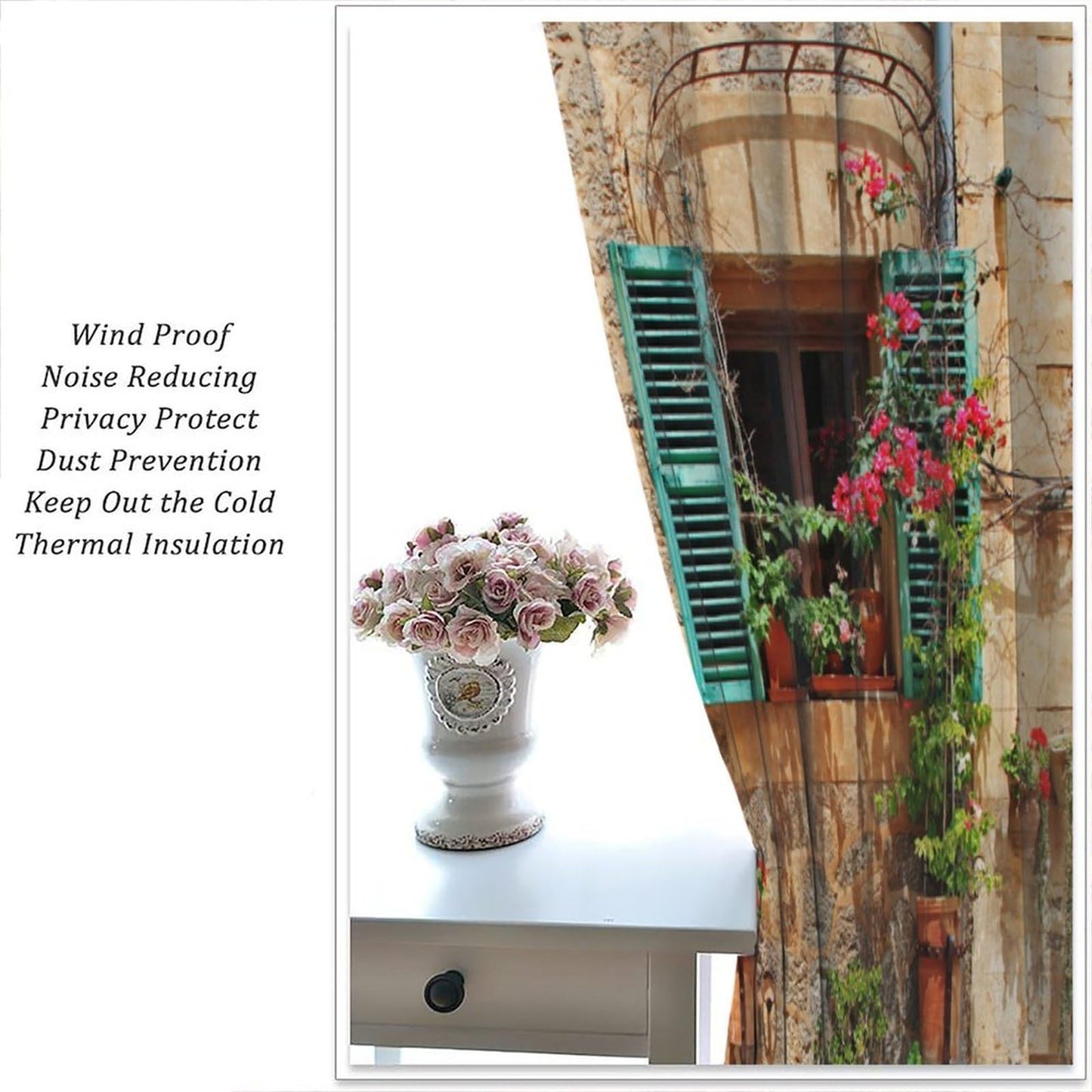 AAVEUP Italian Curtains for Kitchen Old Mediterranean Street Stone Rock House Floral Porches Pastoral Town Scenery Print Windows Treatments for Bedroom Living Room Bathroom 41x44.5in（No Blackout）
