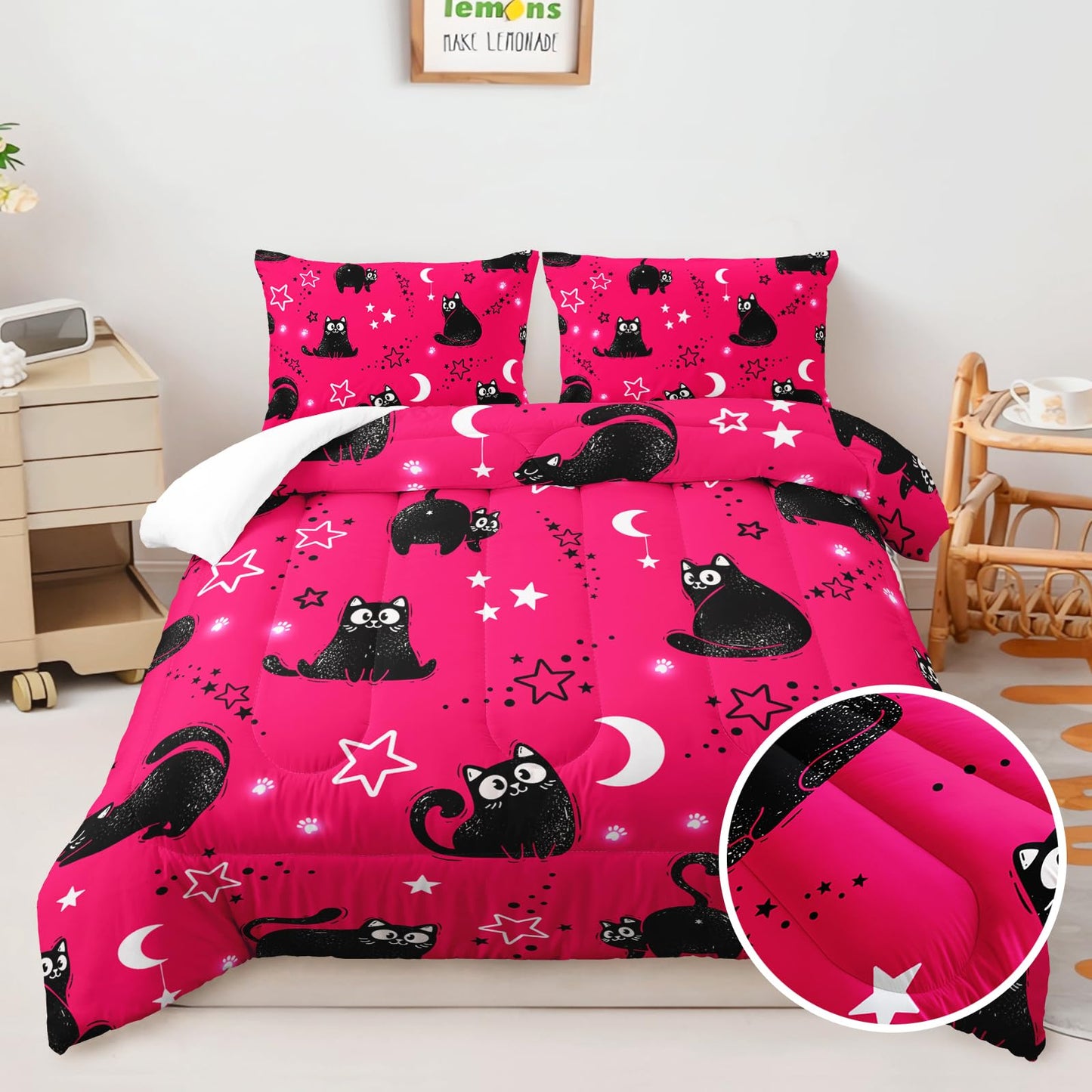AILONEN Kids Kawaii Black Cat Comforter Set Twin,Cartoon Stars & Moon Bedding Set for Girls,Cute Kitten Printed Pink Duvet with 2 Pillowcases,3-Piece