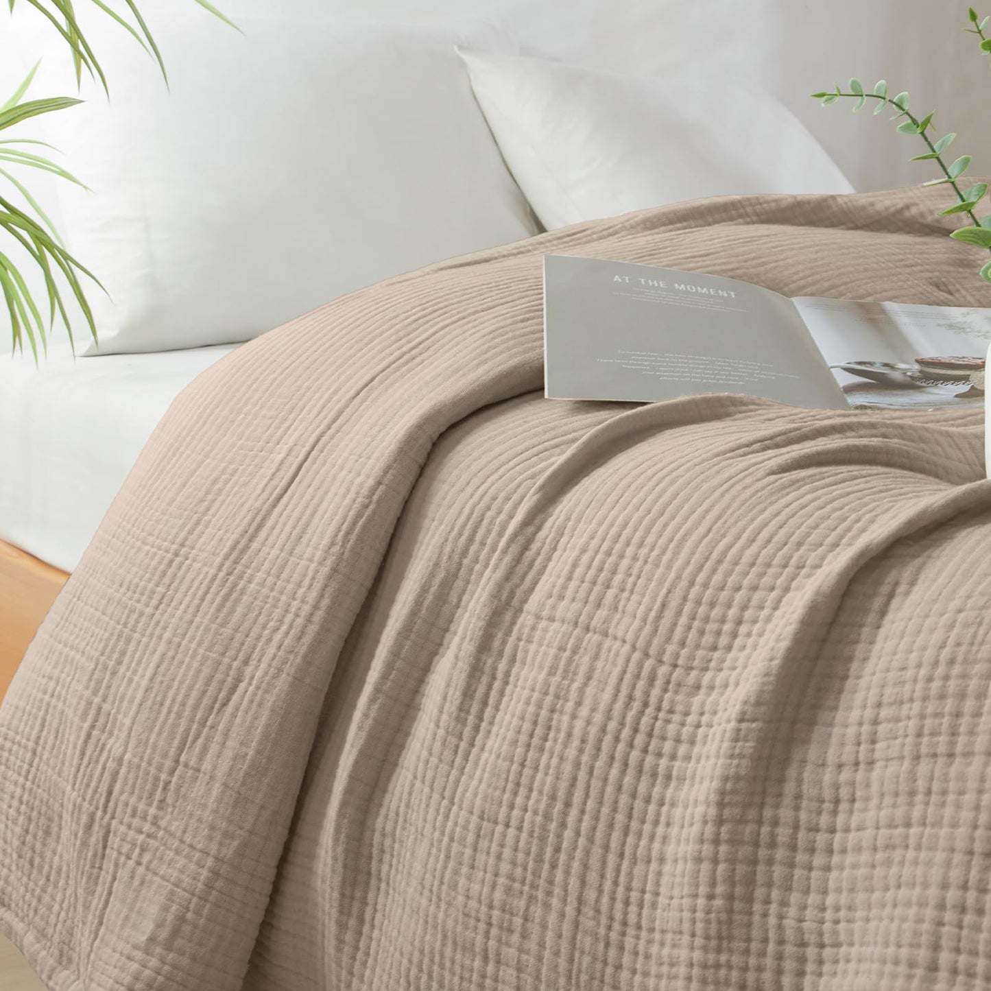 PHF 100% Cotton Muslin Throw Blanket 50" x 60", 4-Layer Lightweight Gauze Throw, Breathable Cloud-Soft Minimalist Blanket for Bed, Couch, Camping, Taupe, Ideal Gift