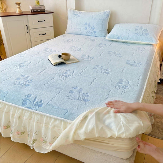 Elastic Bed Sheets, Ultra Thick & Soft Fluffy Velvet Velvet Fitted Sheet, Thickened Luxury Bottom Sheet, Bedsheet Bed Sheet Mattress Protector, Machine Washable and Non-Fade(Blue,2*Pillow Cover)