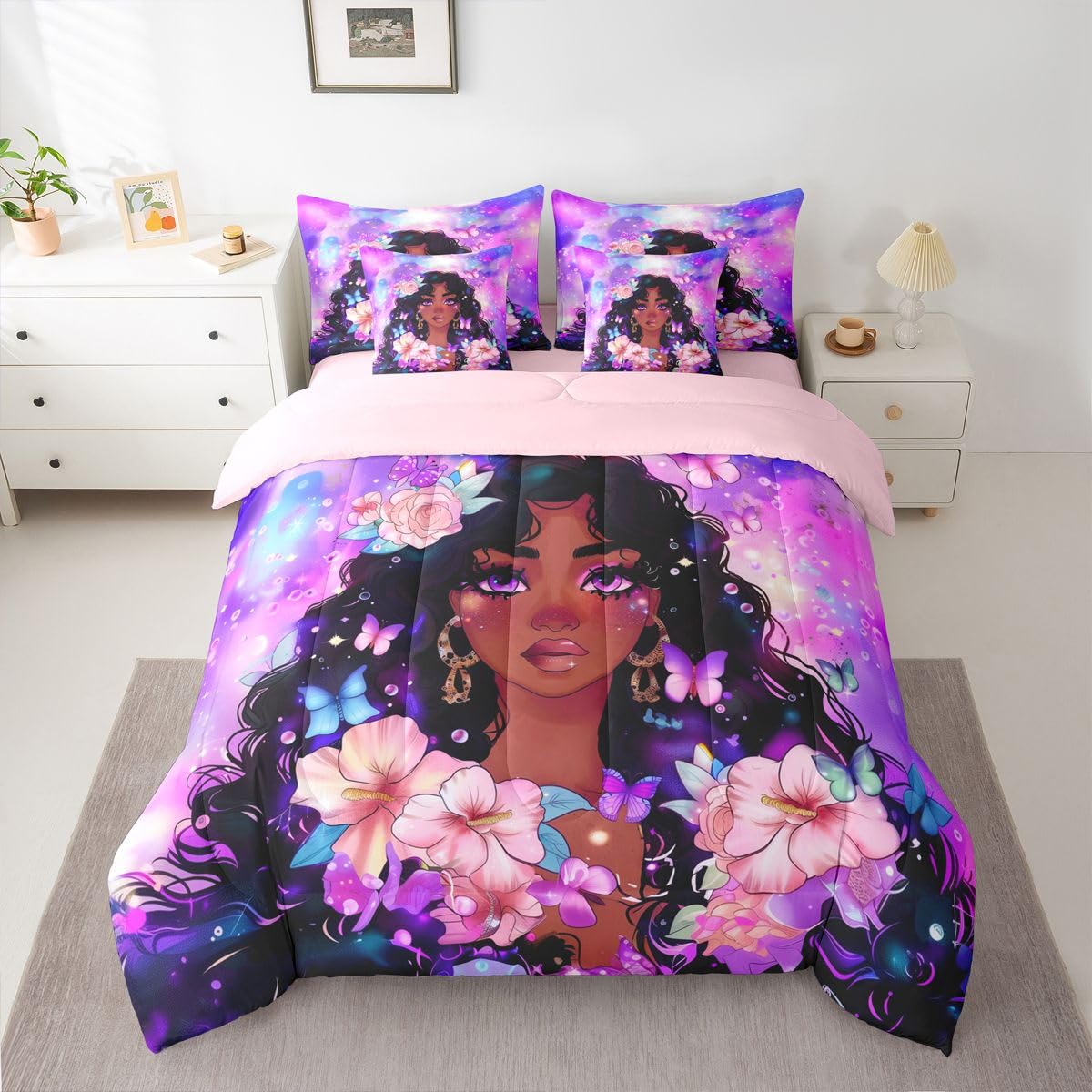 Erosebridal Cute Cartoon Black Girls Queen Bedding Set Purple Pink Romantic Floral Comforter Set with Flat and Fitted Sheet Kids Teen Vibrant Butterfly 7-Piece Bed in a Bag Watercolor Art Quilt Sets