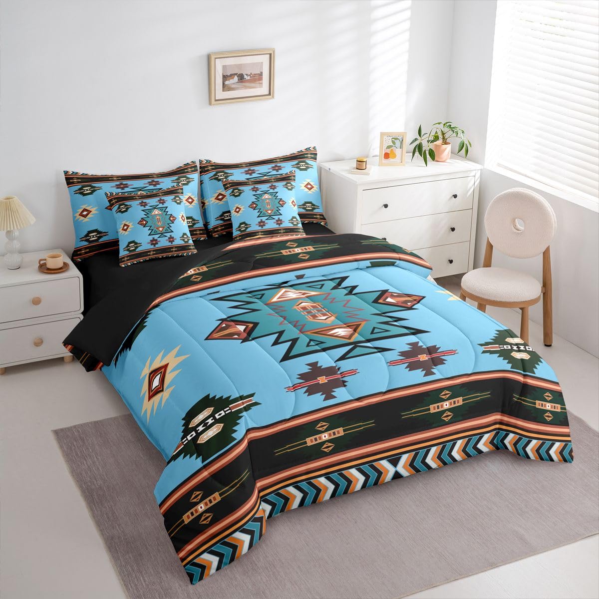 Erosebridal Western Comforter Set 7-Piece Bed in a Bag Twin | Southwest Native Geometric Bedding Sets Exotic Nordic Style Aztec Comforter and Sheet Set, Sriped Diamond Triangle Room Decor,Cyan