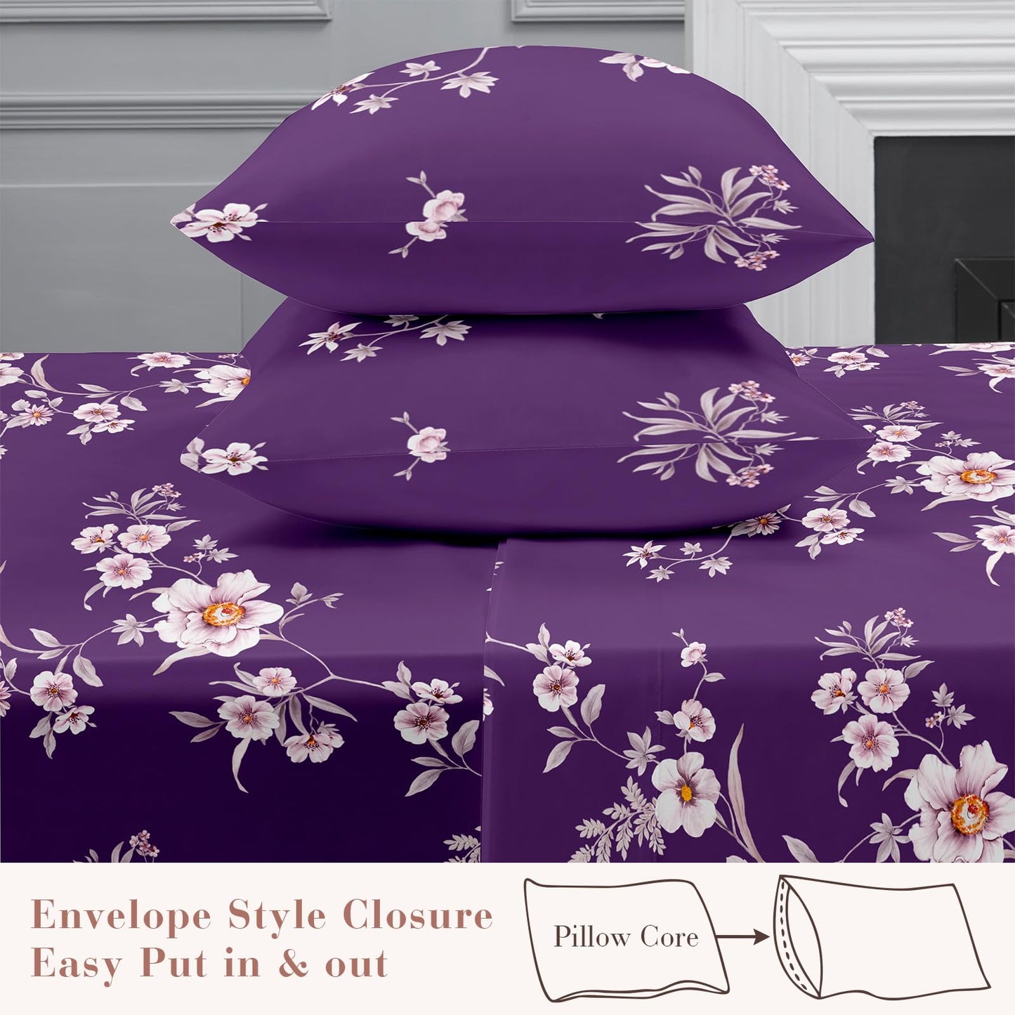 YIYEA Floral Sheets Full Size, Premium Double Brushed Microfiber Bed Sheet Set for All Season, Soft Breathable, 16" Deep Pocket, Shrinkage and Fade Resistant, 4PC, Full