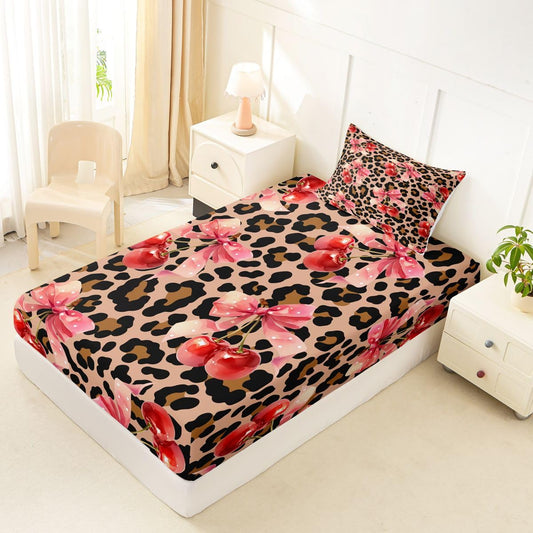jejeloiu Brown Cherry Bow Fitted Sheet with 1 Pillowcase Twin Size Dreamy Princess Bowknot Bed Sheets Set 16" Deep Pocket Boys Girls Leopard Print Bowknot Bedding Teens Bedroom Decor Breathable