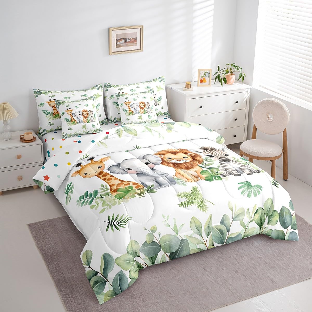 Erosebridal Jungle Animal Twin Size Comforter Set with Sheets | Giraffe Elephant 7-Piece Bedding Set Green Botanical Eucalyptus Palm Leaves Bed in a Bag Zebra Lion Safari Animal Bed Quilt Sets
