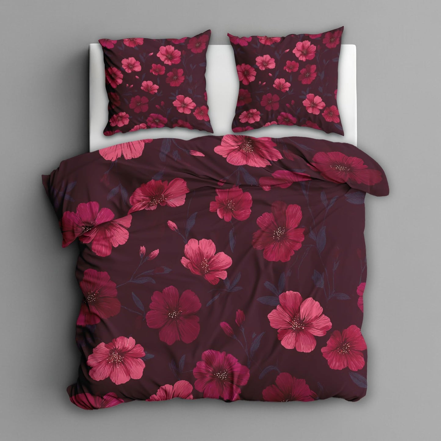 Burgundy Pink Floral Full Duvet Cover Set 3 Piece, Botanical Flower Reversible Bedding with 2 Pillow Shams, Zipper & Ties, Ultra Soft Microfiber, Floral Bedroom Decorations 79A-I