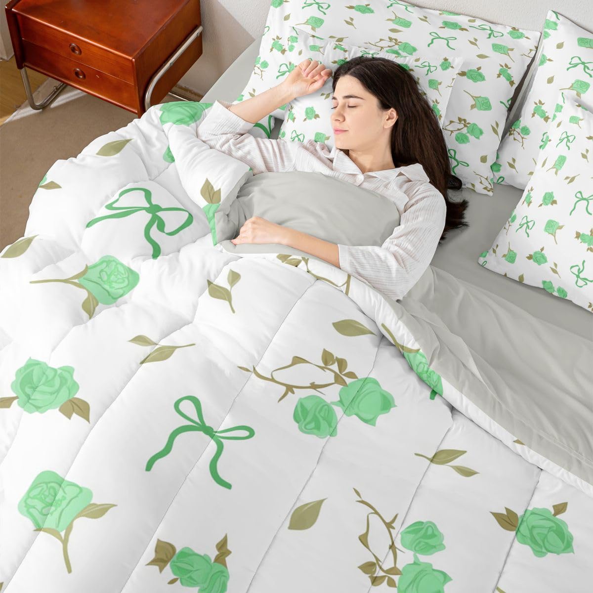 Erosebridal Coquette Bowknot 7 Piece Bedding Set Full Girly Bow Tie Comforter Set with Sheets Bowtie Rose Floral Bed in A Bag Kawaii Bow Decor Bed Sets with 2 Pillowcases, 2 Throw Pillow Covers