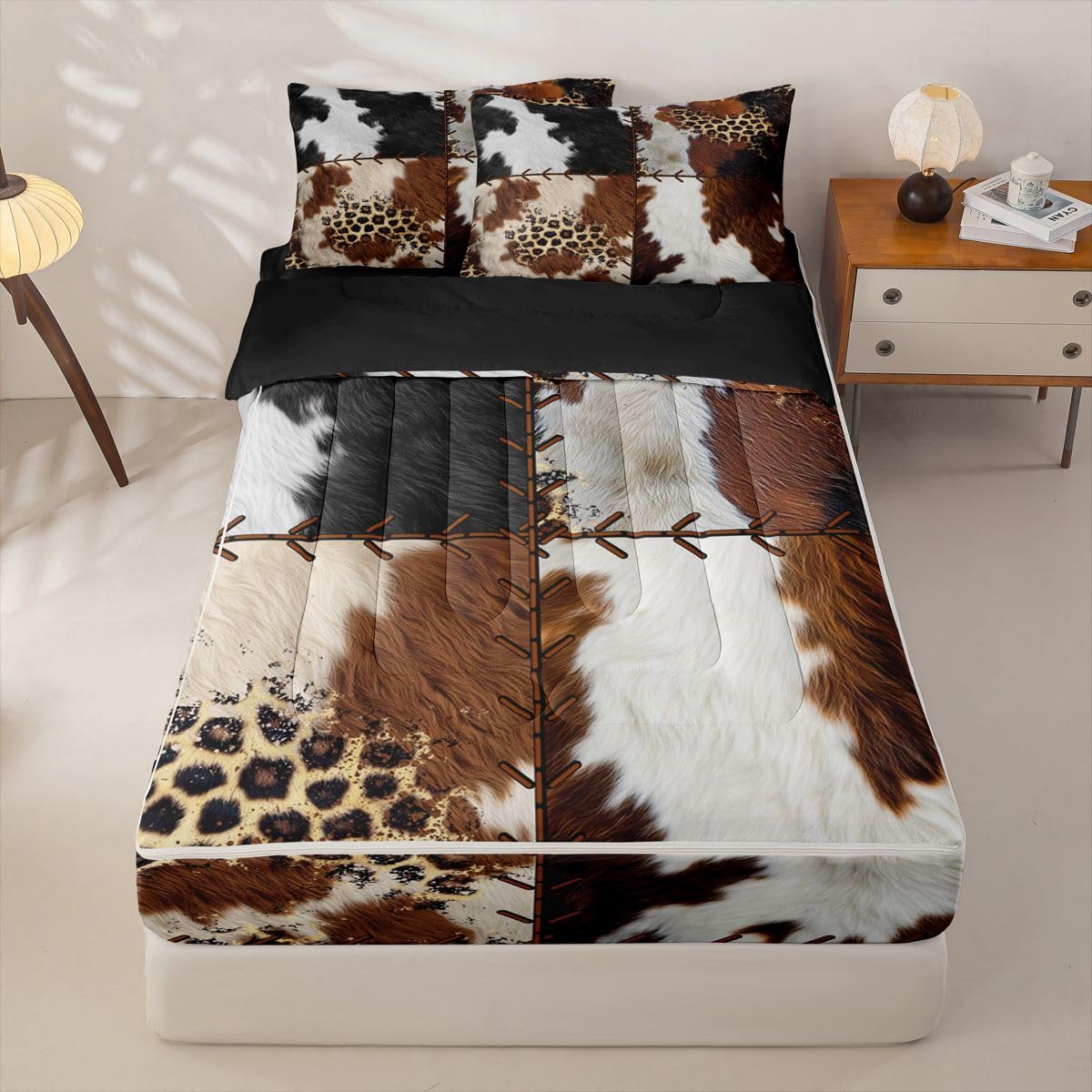 Feelyou Cow Fur Zipper Bedding Sets Kids Cowhide Print Queen Comforter Set with Fitted Sheet Boys Girls Decor Western Farm Animal Skin Comforter Plaid Grid Black Yellow Bed in A Bag