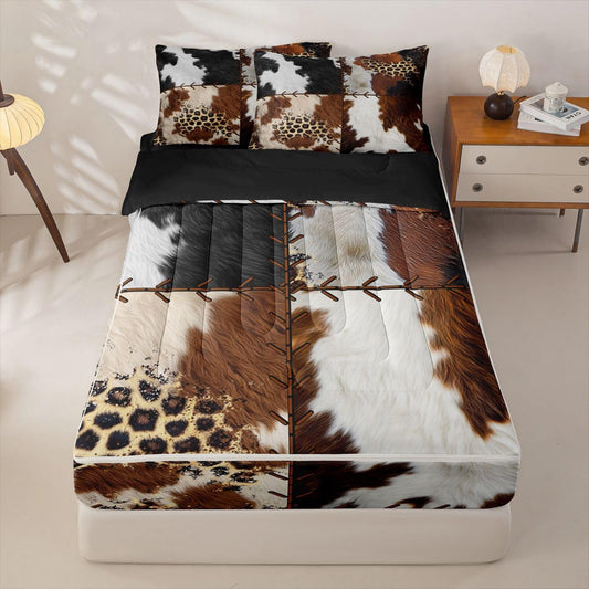 Feelyou Cow Fur Zipper Bedding Sets Kids Cowhide Print Queen Comforter Set with Fitted Sheet Boys Girls Decor Western Farm Animal Skin Comforter Plaid Grid Black Yellow Bed in A Bag