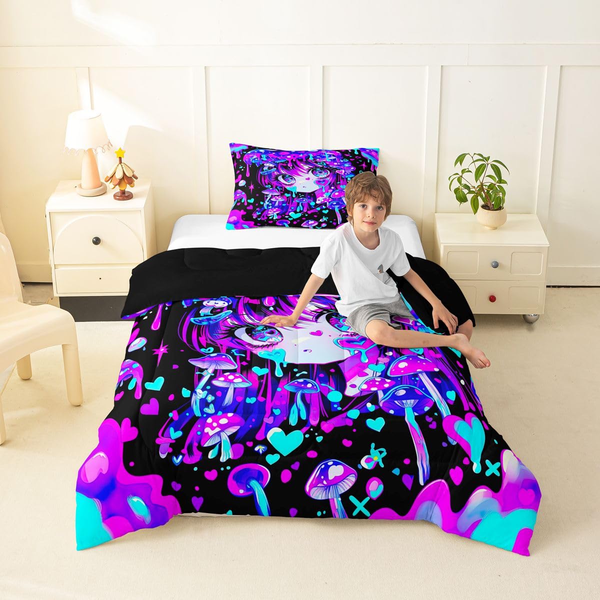 Erosebridal Japanese Girl Bedding Twin,Cartoon Girly Comforter Set 3D Anime Gifts Bed Sets Colorful Graffiti Print Duvet Insert 2 Pieces