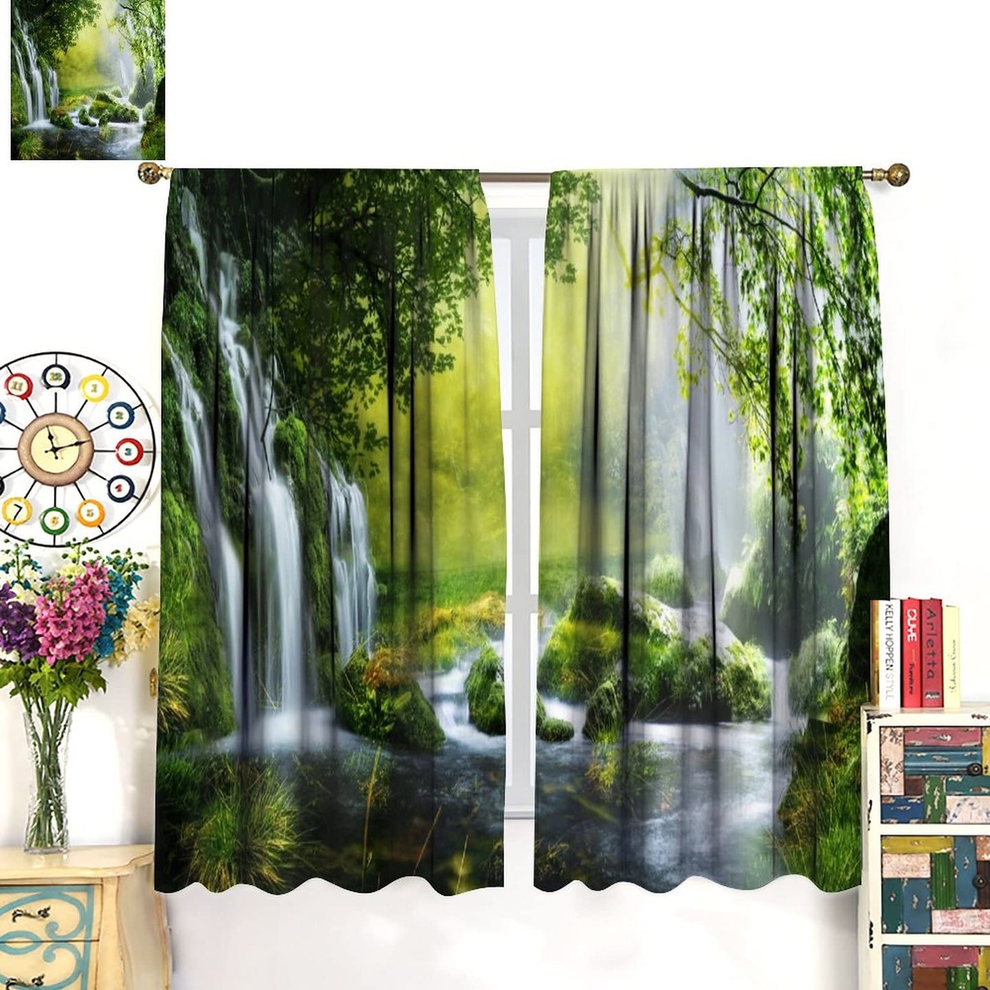 Spring Waterfall Curtains Forest Moss Green Plants Theme Bedroom Living Room Cafe Decor Rod Pocket Blackout Window Drapes 2 Panels Set 42x45in