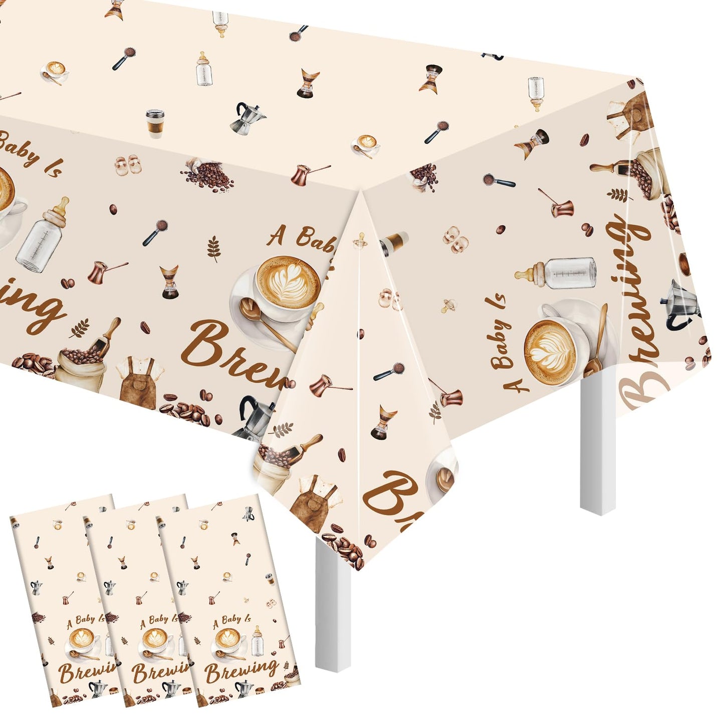 Lianxuia 3Pcs Coffee Baby Shower Plastic Tablecloth, 54 x 108 Inch A Baby is Brewing Table Cover, Disposable Coffee Themed Party Table Cloth for Gender Reveal, Baby Shower Decorations