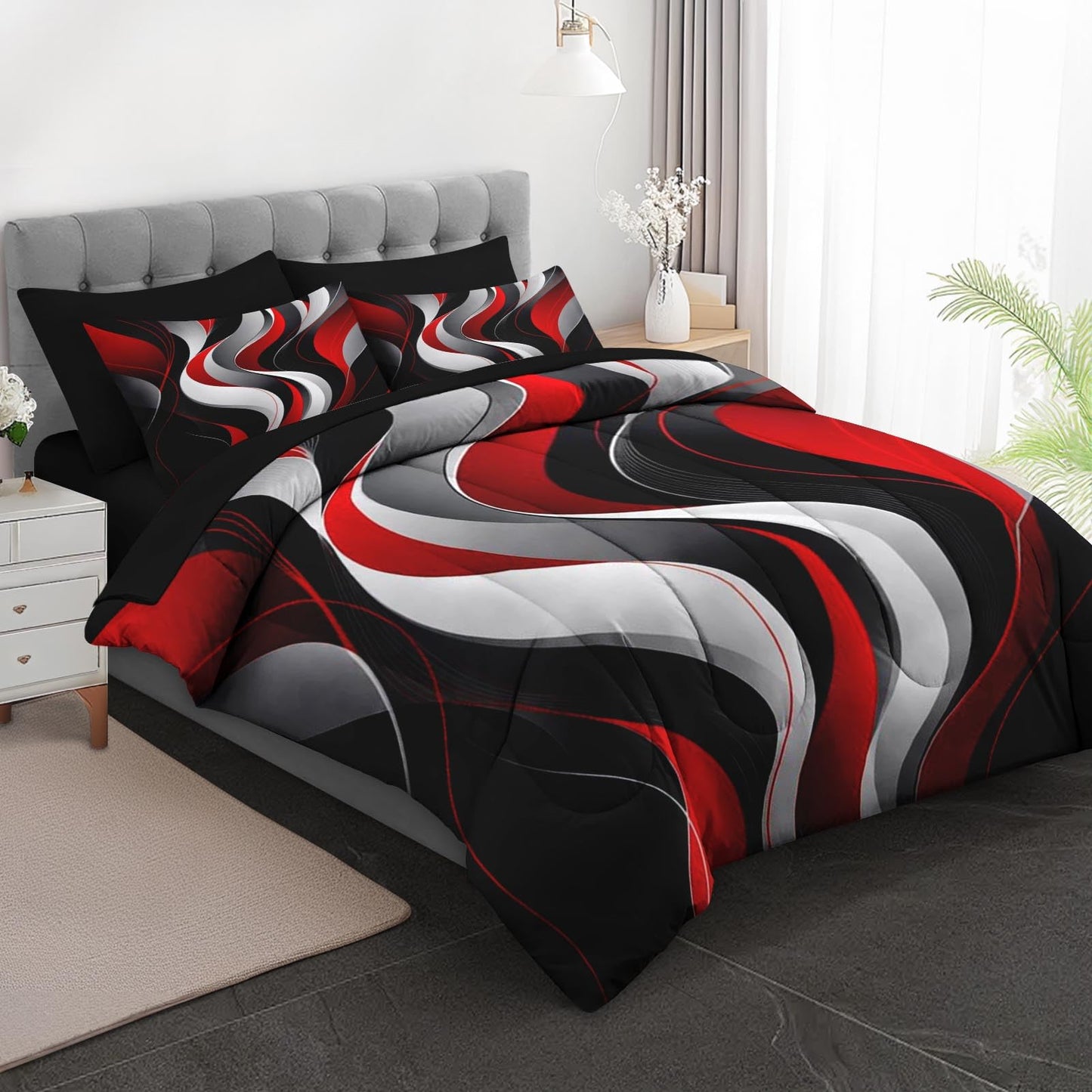 Boewywh Comforter Set Twin Size Abstract Modern Red 7 Pcs, Bedding for Kids and Adults, Black White Bed Sheet Sets with Fitted Sheet 2 Pillowcases & 2 Shams for Bedroom Bed Decor