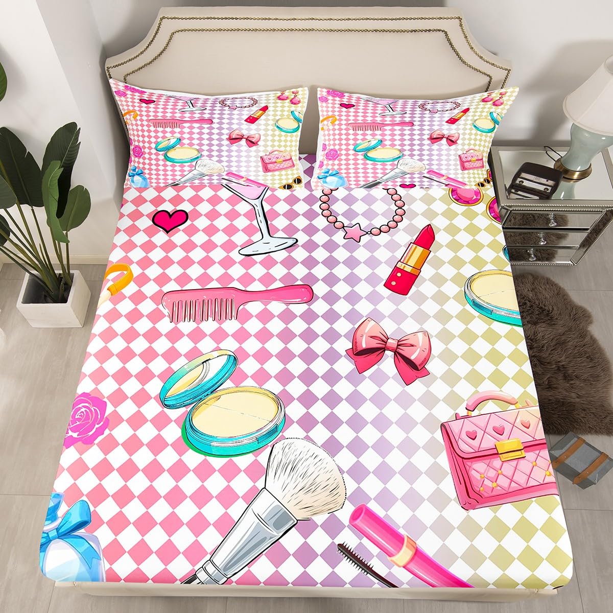 Erosebridal Cute Modern Fashion King Bed Sheets for Girls Women - Colorful Plaid Grid Checked Sheets Makeup Chic Trendy Flat Fitted Sheet Girly Coquette Fashion Bed Sets