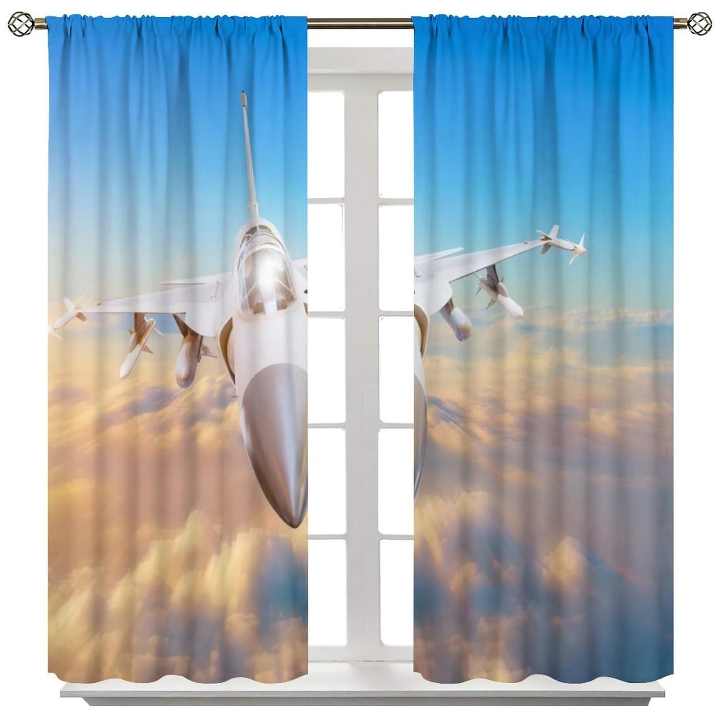 Airplane Curtains Old Military Combat Aircraft American Flag Picture Rod Pocket Window Treatments for Kids Boys Living Room Kitchen Bedroom 2 Panel Set 41" x 45" （No Blackout）