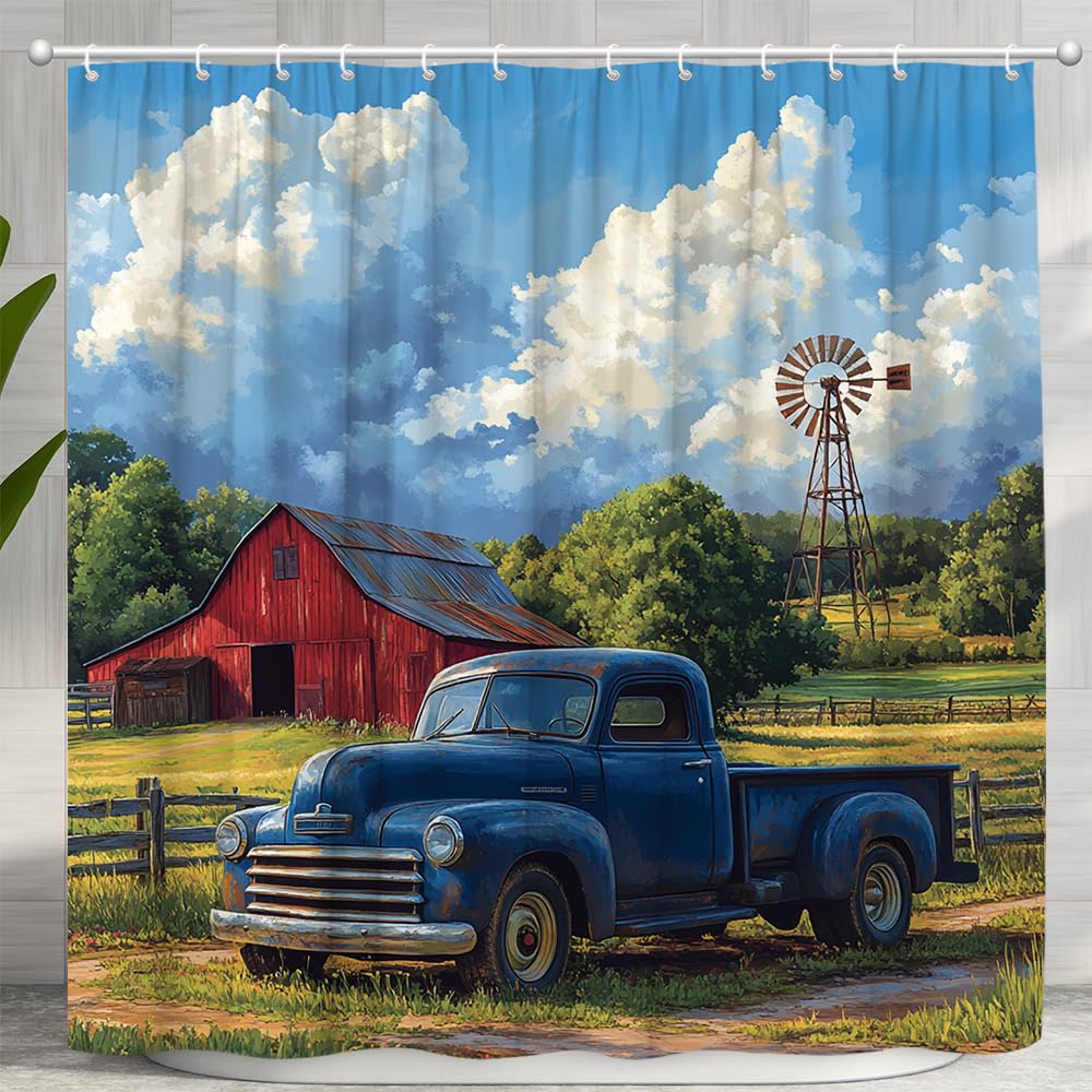 Farmhouse Blue Old Truck Shower Curtain Rustic Cabin Barn Windmill Country Meadow Car Lodge Western Bathroom Accessories Set Polyester with Hook 70Wx70H Inch