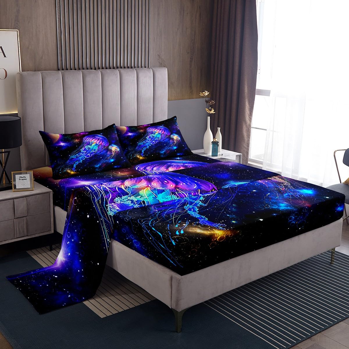 Jellyfish Galaxy Fitted Sheet Set Full Size 4 Pcs,Blue Nebula Spaceship Bedding Set(1 Fitted,1 Flat,2 Pillowcases),Universe Stars Planets Luxury Deep Pocket Bed Sheets for Girls Teesn Room