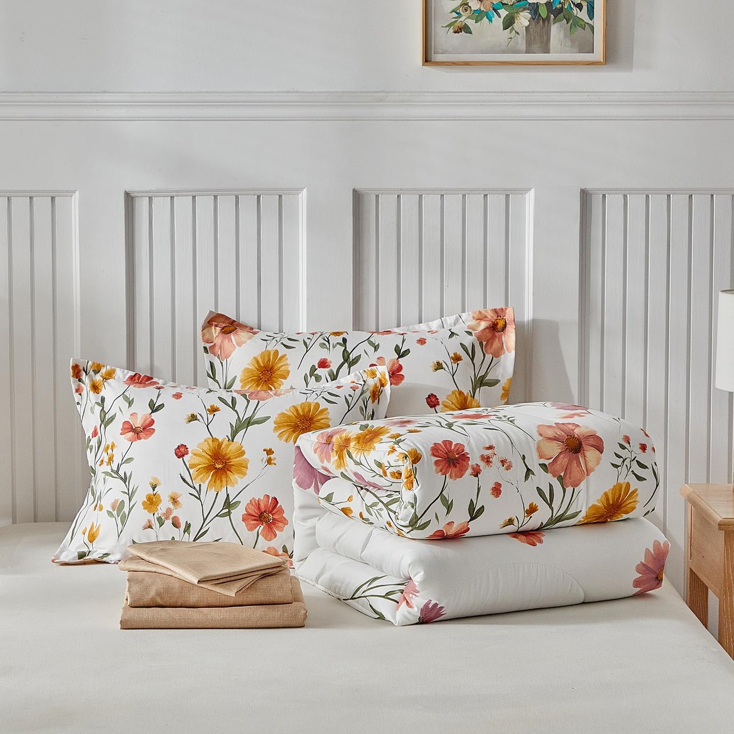 White Floral Comforter Sheet Set Reversible Bohemian Bed in a Bag Bedding Set, Botanical Bedding Set (1 Comforter 2 Pillow Shams 1 Flat Sheet 1 Fitted Sheet 2 Pillowcases) 7PC Queen Size Yellow