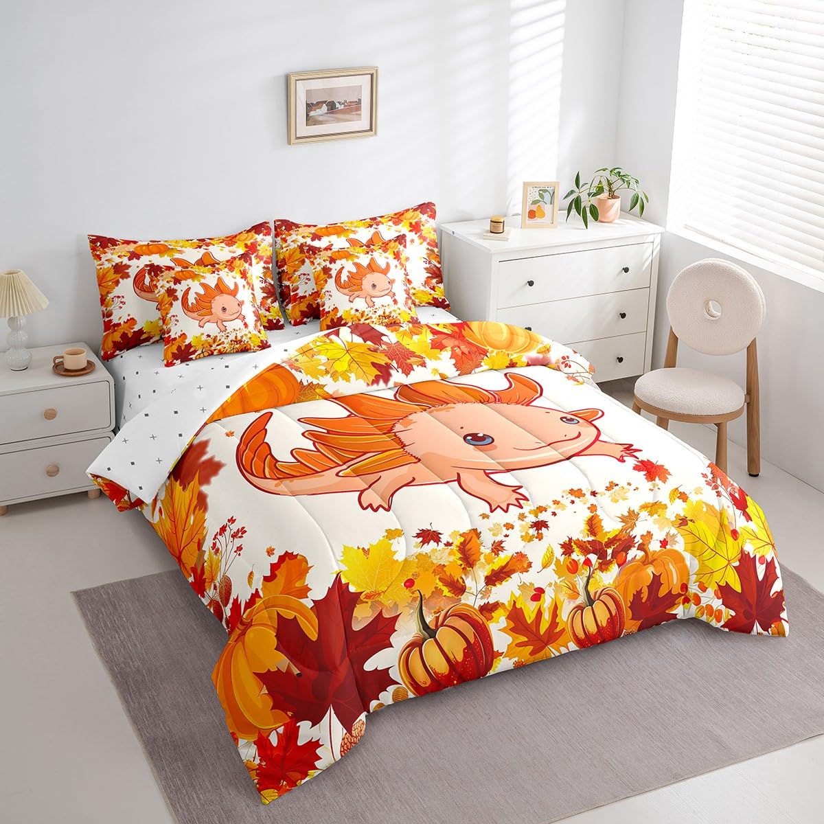 7 Piece Cute Axolotl Bed in a Bag Twin Autumn Harvest Theme Sheet Set Thanksgiving Day Gifts for Boys Girls Kids Fall Bedding Comforter Autumn Pumpkins Maple Leaves Kawaii Salamander Cushion Covers