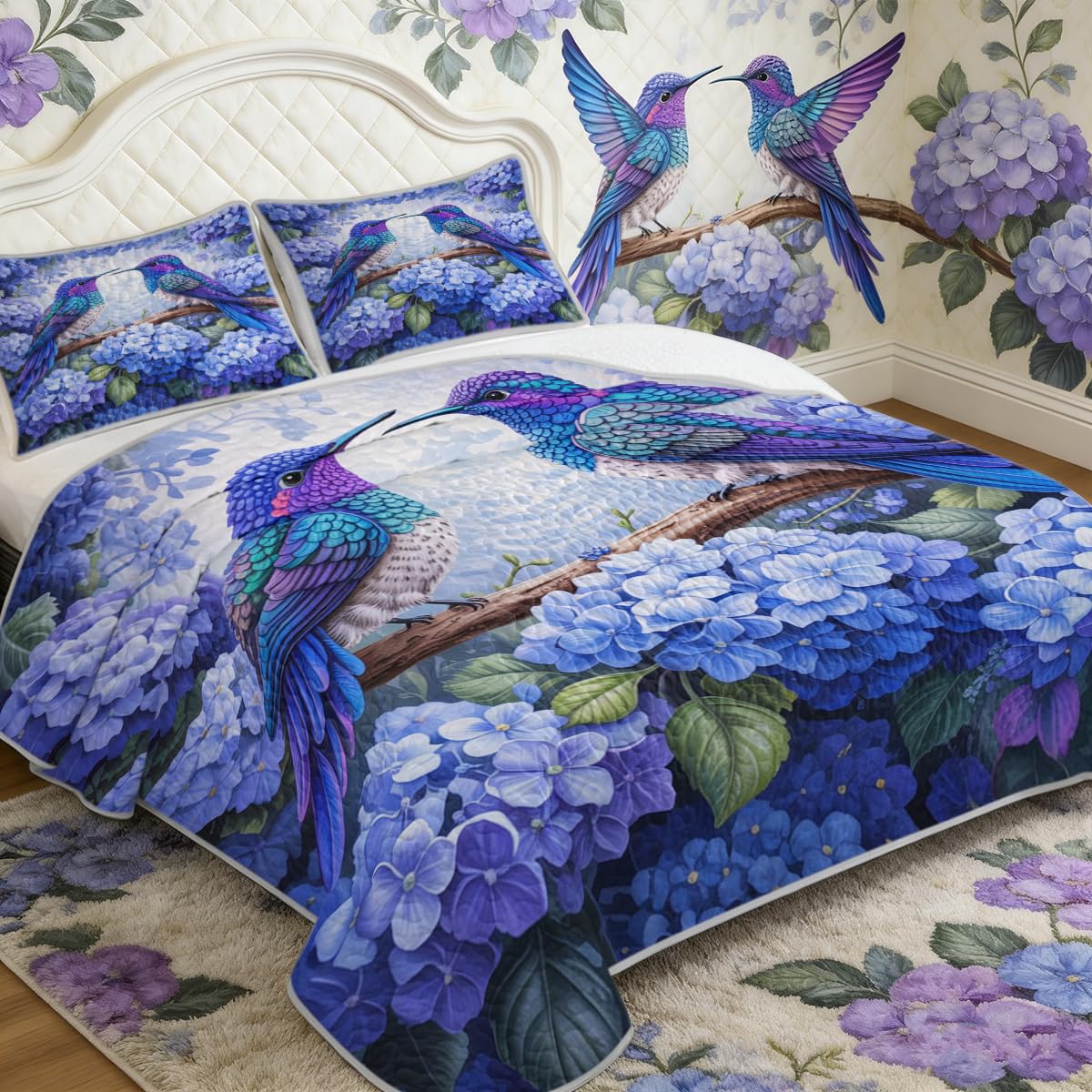 ARIGHTEX Flower Bird Quilt Set Queen Size Romantic Hydrangea Hummingbird Bedding Set Lightweight Botanical Quilt Soft Microfiber Bedspread Floral Coverlet Set with Pillow Shams