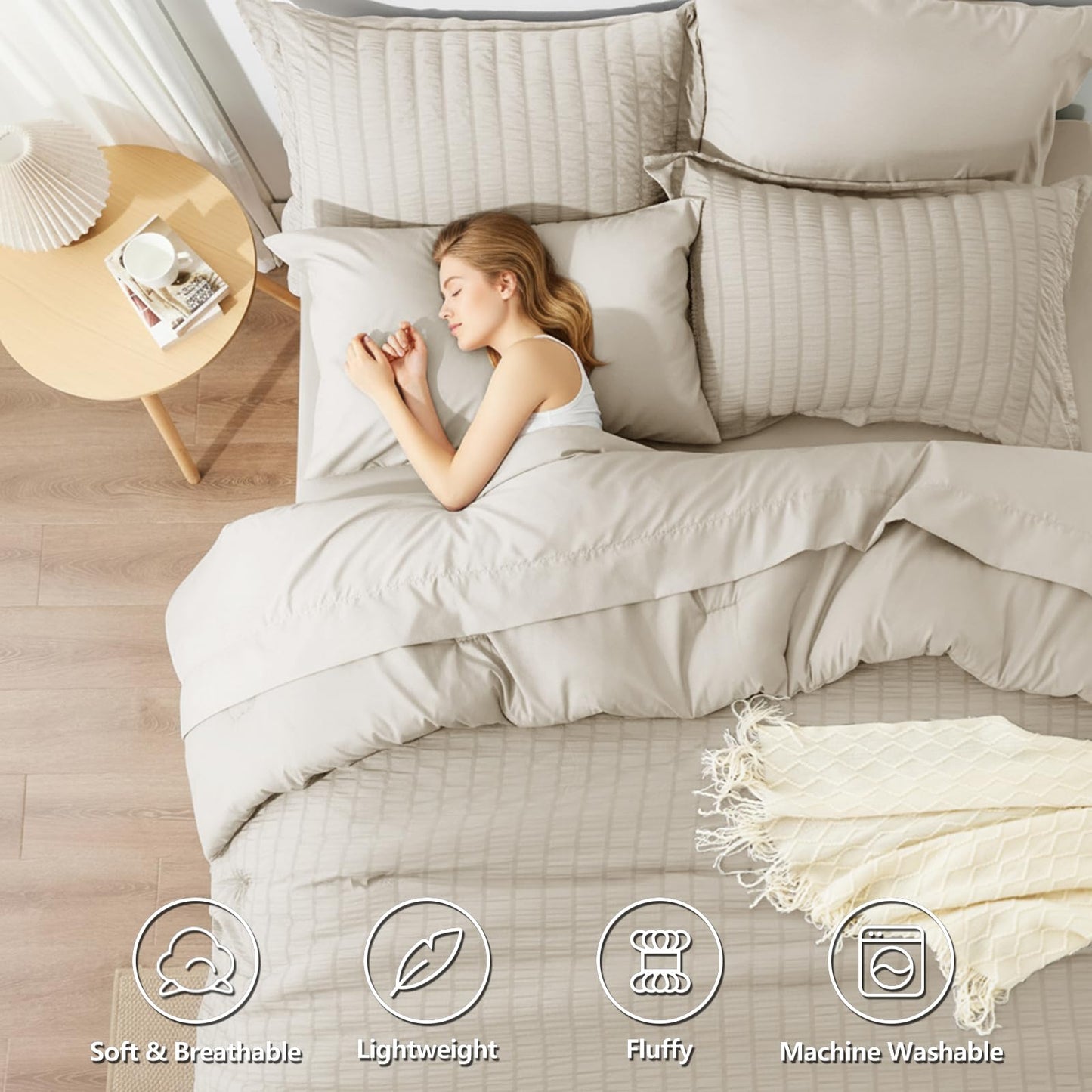 HIMEET Queen Comforter Set - 7 Pieces Seersucker Bed in a Bag, Boho Bedding Sets for Bedroom Decor, All Season Home Essential Bed Set with Comforter, Sheets, Pillowcases & Shams, Beige