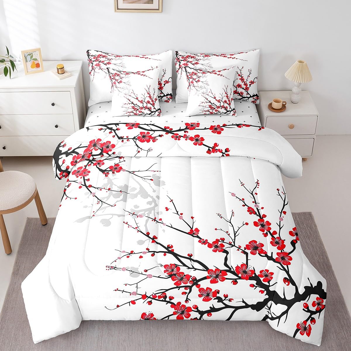 Erosebridal 7 Piece Red Cherry Blossoms Bed in a Bag for Adult Women Japanese-Style Sheet Set Nature Flower Bedding with Comforter Cherry Blossoms Romantic Theme Cushion Covers, Full Size