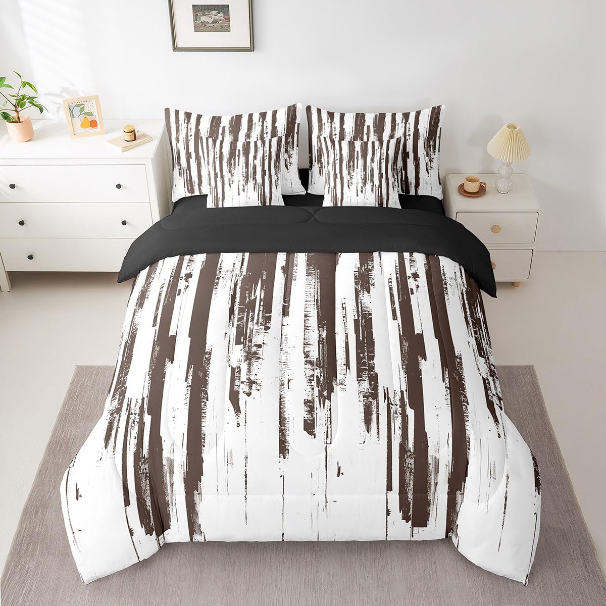 Erosebridal 7Pcs Khaki Abstract Geometric King Comforter Set for Women Men Adults,Boho Watercolor Bed in A Bag,Graffiti Ink Painting Modern Art Stripes Striped Quilt Set with Pillowcases