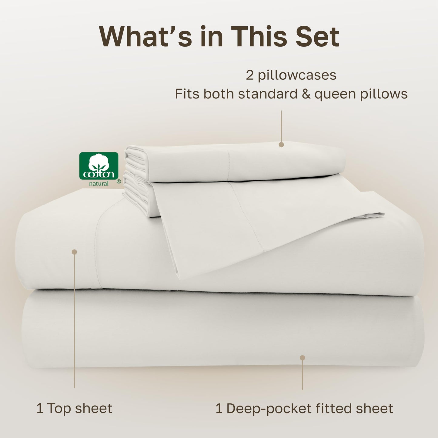 California Design Den Queen Sheets Cotton Set - 500 Thread Count Sateen, 100% Cotton Sheets Queen Size Set, Deep Pockets Bedding with All Around Elastic for a Snug Fit - Eggshell Cream