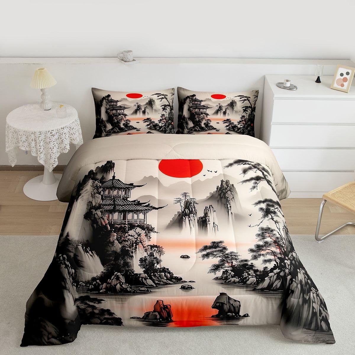 jejeloiu Chinese Ink Painting Bedding Set Soft for Boys Girls, Red Sun Comforter Set Queen Size Mountain Duvet Quilt Microfiber Japanese Style Bedroom Decor 3 Pcs with 2 Pillow Cases