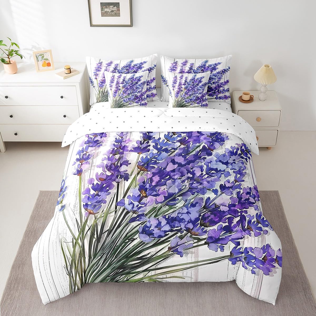 Erosebridal Lavender Flower Comforter Set Full Size,Oil Painting Floral Bedding Set for Kids Teens,Groovy Lavender (Comforter+Fitted+Flat Sheet+2 Pillowcases+2 Throw Pillow Covers) 7 Pieces Bed Set