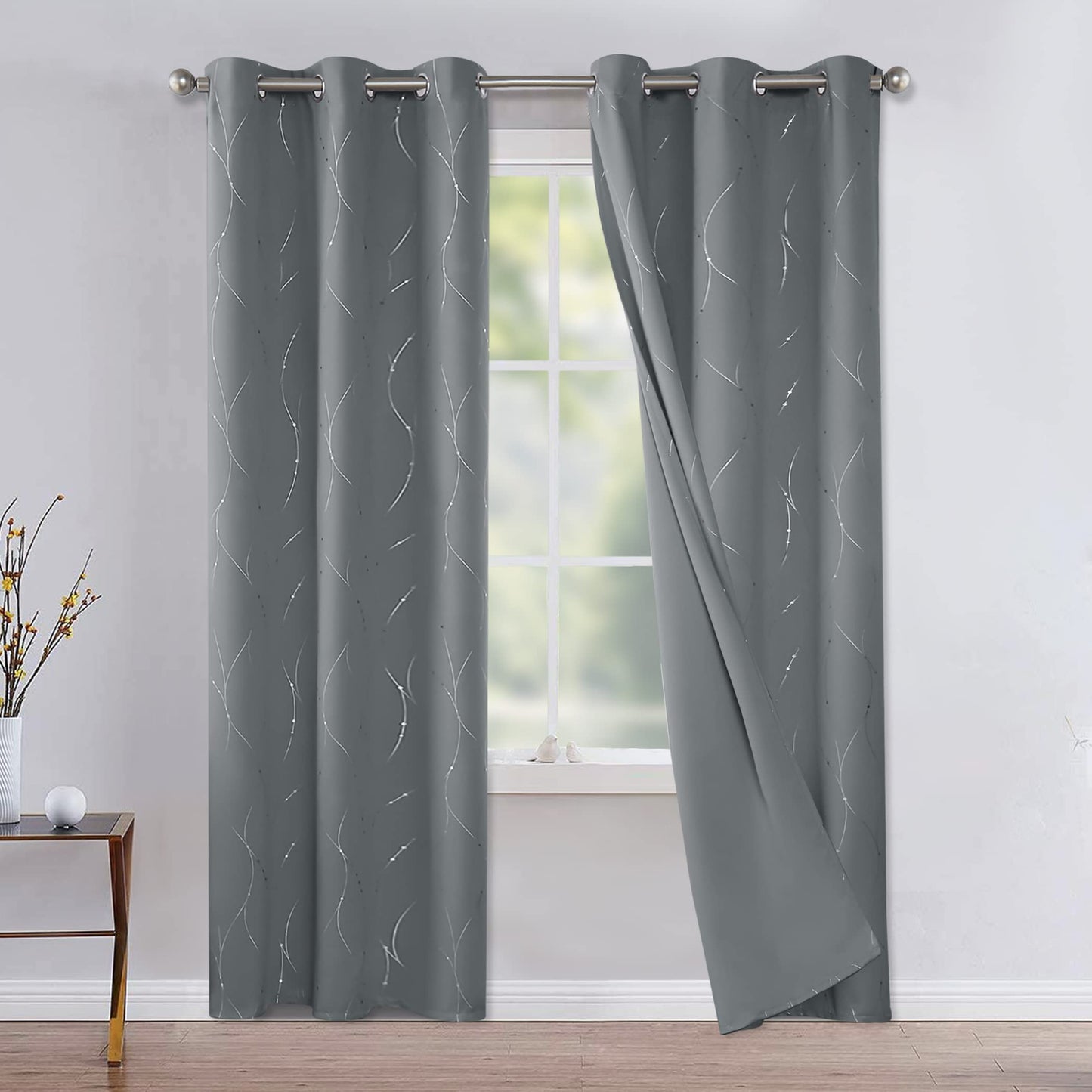 BUHUA Blackout Curtains for Bedroom 2 Panels Set, Grommet Thermal Insulated Room Darkening Window Curtains & Drapes with Wave Line and Dots Printed for Living Room, 38W x 84L Inch, Light Grey