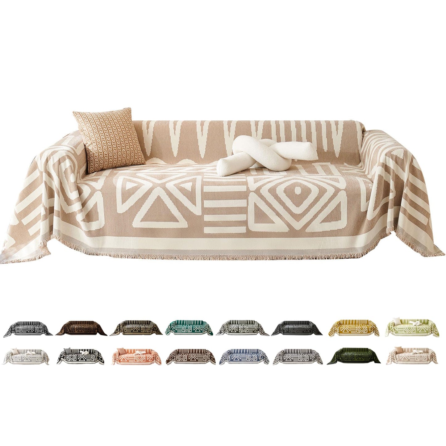 VClife Boho Couch Cover, Washable Sofa Cover for Dog, Non Slip Couch Covers for 2 Cushion Couch, Modern Khaki Creamy White Geometric Sofa Slipcovers Multi-Functional Furniture Protector 71'' x 118''