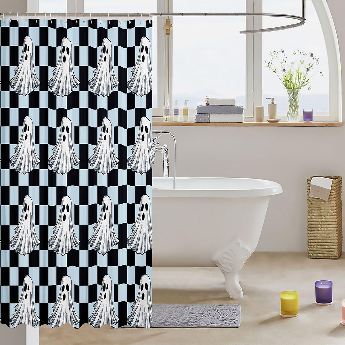 Feelyou Spooky Ghost Shower Curtain for Bathroom Decor Halloween Bath Curtain for Stalls Bathtubs Green Maze Lattice Bathroom Accessories Goth Waterproof Polyester Fabric with 12 Hooks 72"x72"