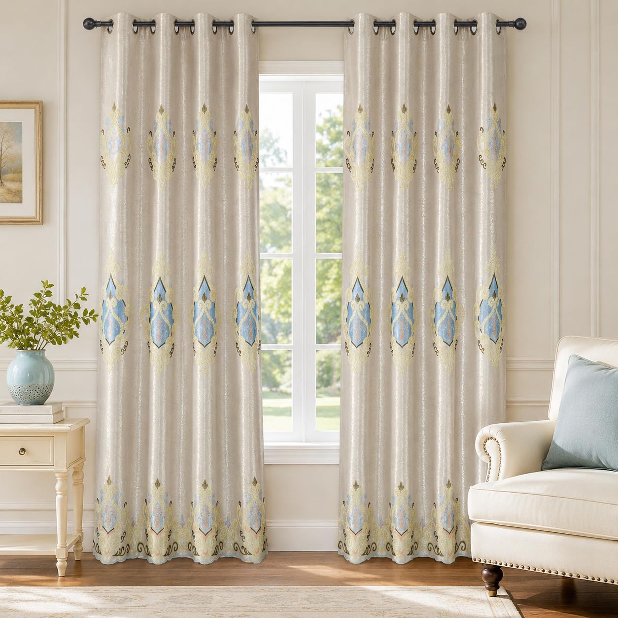 VOGOL Embroidered Curtains 84 inches Long Grommet Window Treatment Voile Panel Drape for Living Room Kitchen, Two Panels, W54 x L84 inch