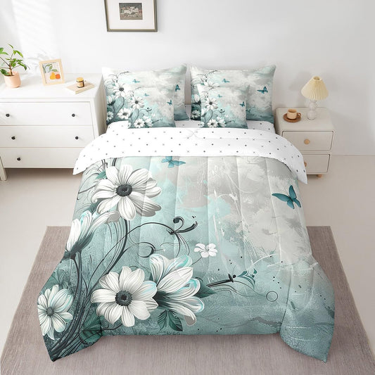 Feelyou Butterfly Comforter Set King Size 7 Pieces Vintage Floral Daisy Bedding Set for All Season Flower Botanical Nature Theme Bed in a Bag with Comforter, Sheets, Pillowcases & Cushion Cover