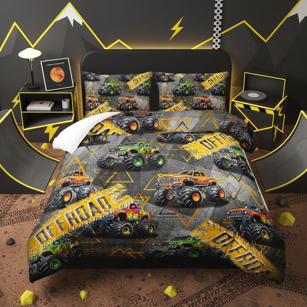 lneffble Full Size Monster Truck Comforter Sets for Boys，Monster Truck Full Size Bedding Sets Boys，with 1 Comforter with 2 Pillow Case，Kids Monster Truck Themed Bedroom Decor