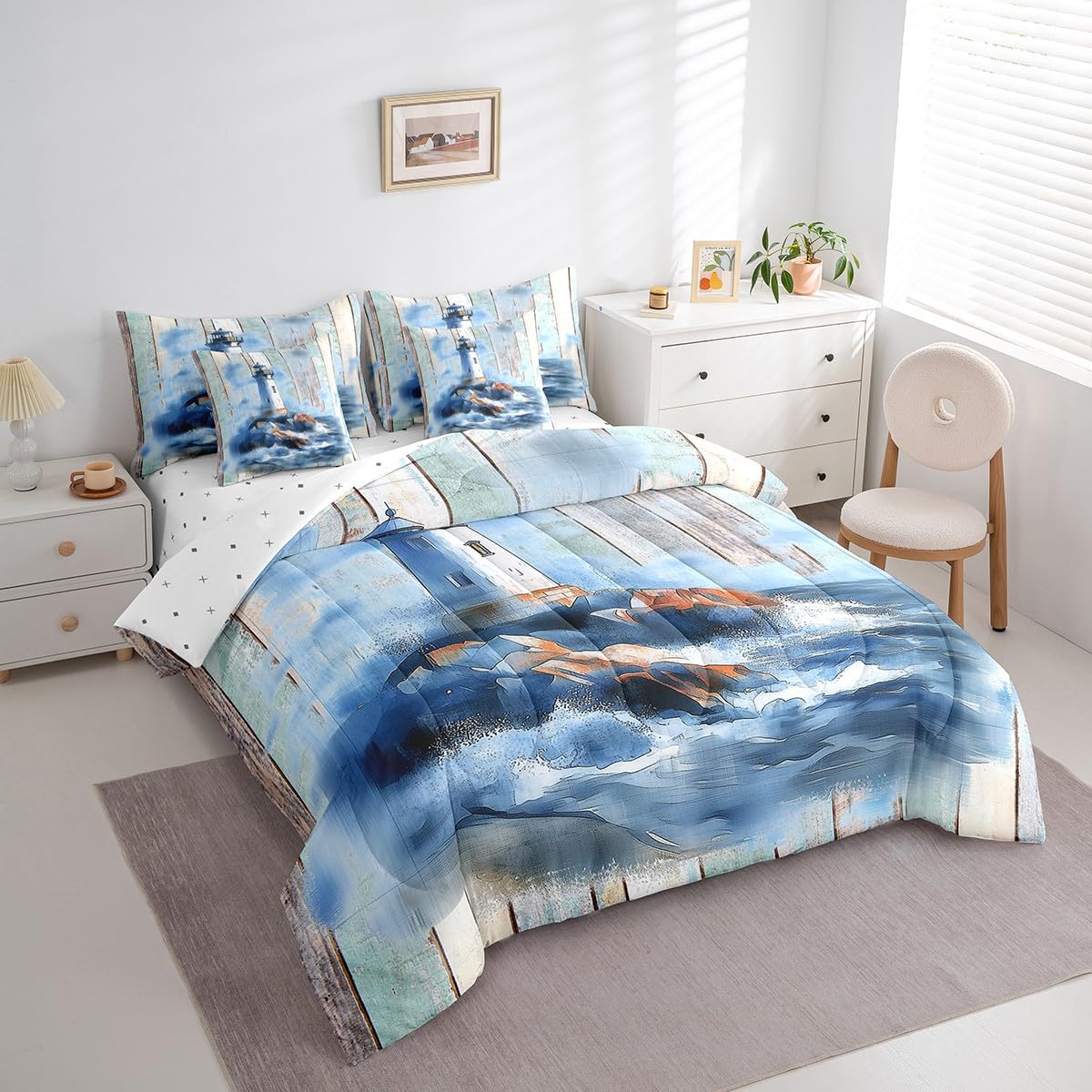 Feelyou Lighthouse Comforter Set 7 Pieces Twin Size Kids, Ocean Sea Rustic Bedding Set Boys Girls, Islands Coastal Bed in a Bag,Comforter + Sheets + Pillowcases + Cushion Covers