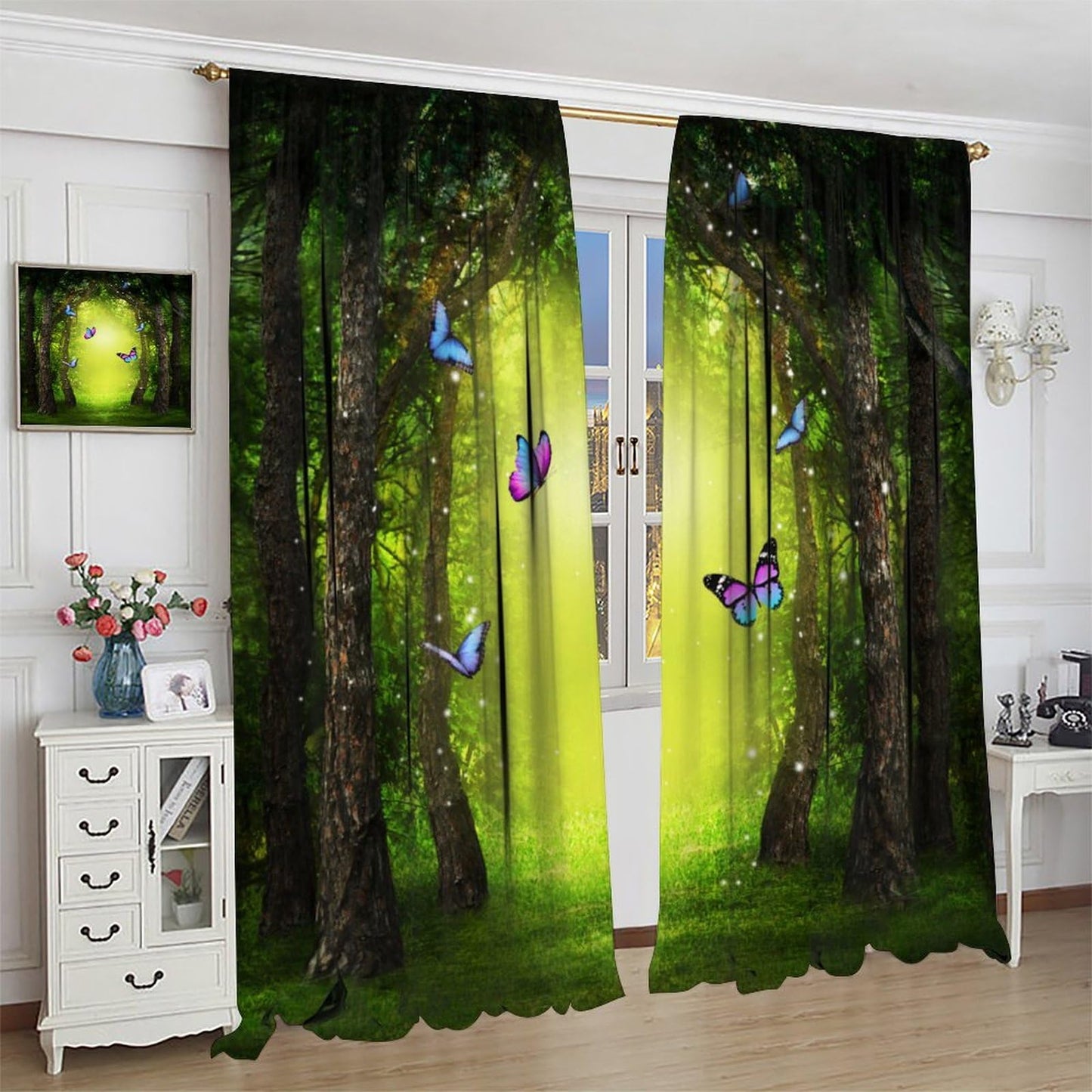 DDCBNS Fantasy Nature Curtains,Fairytale Woodland Magical Forest Décor Curtains for Bedroom Living Room Green Landscape Butterfly Print Drapes 2 Panels Set,Total Size 42 x 45 Inch