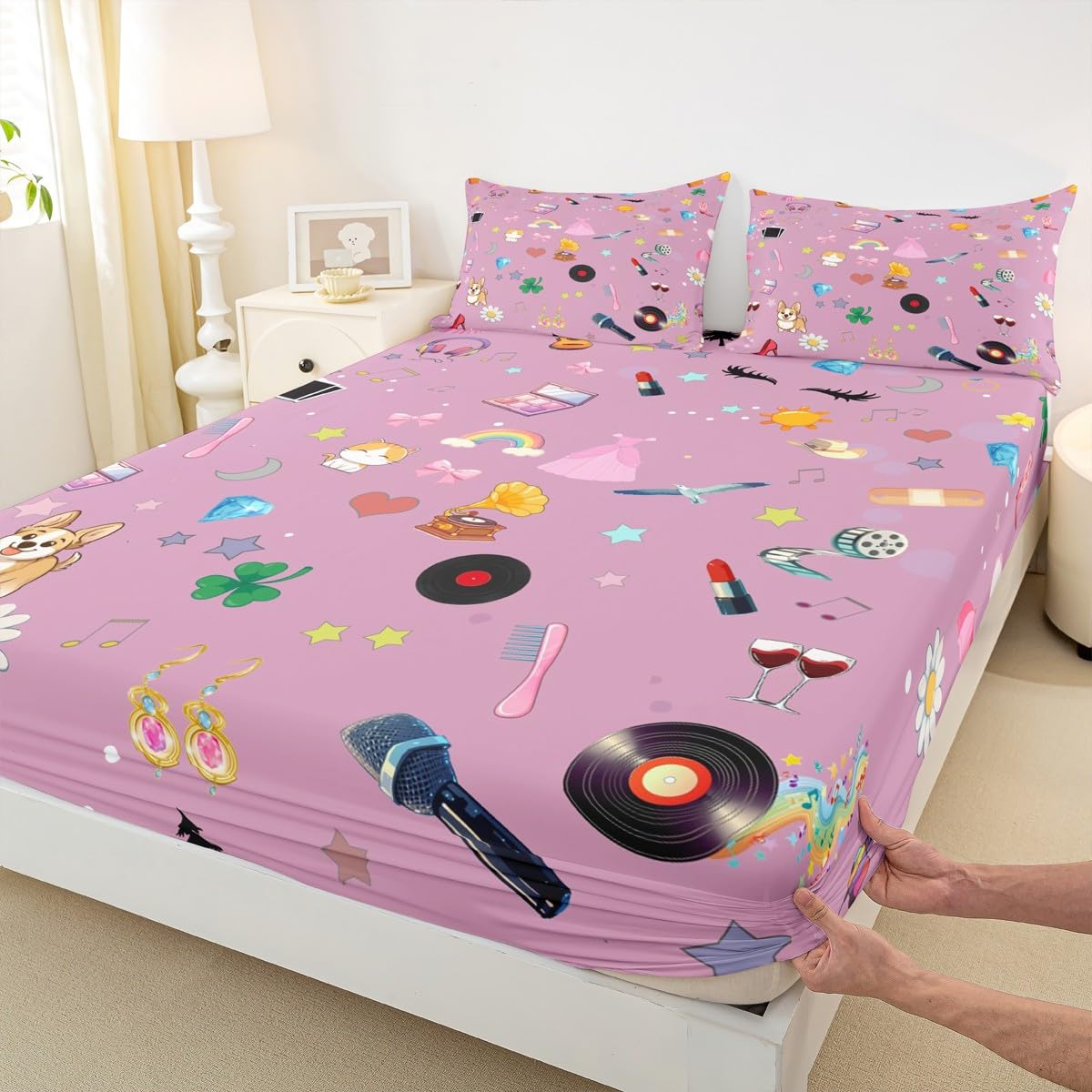 Erosebridal Music Theme Bed Sheets Set King Girls Pop Singer Sheet Set for Kids Women Fashion Guitar Lipstick Sheets Snake Flower Flat Fitted Sheet Microfiber Pink Gift for Music Fans Friend