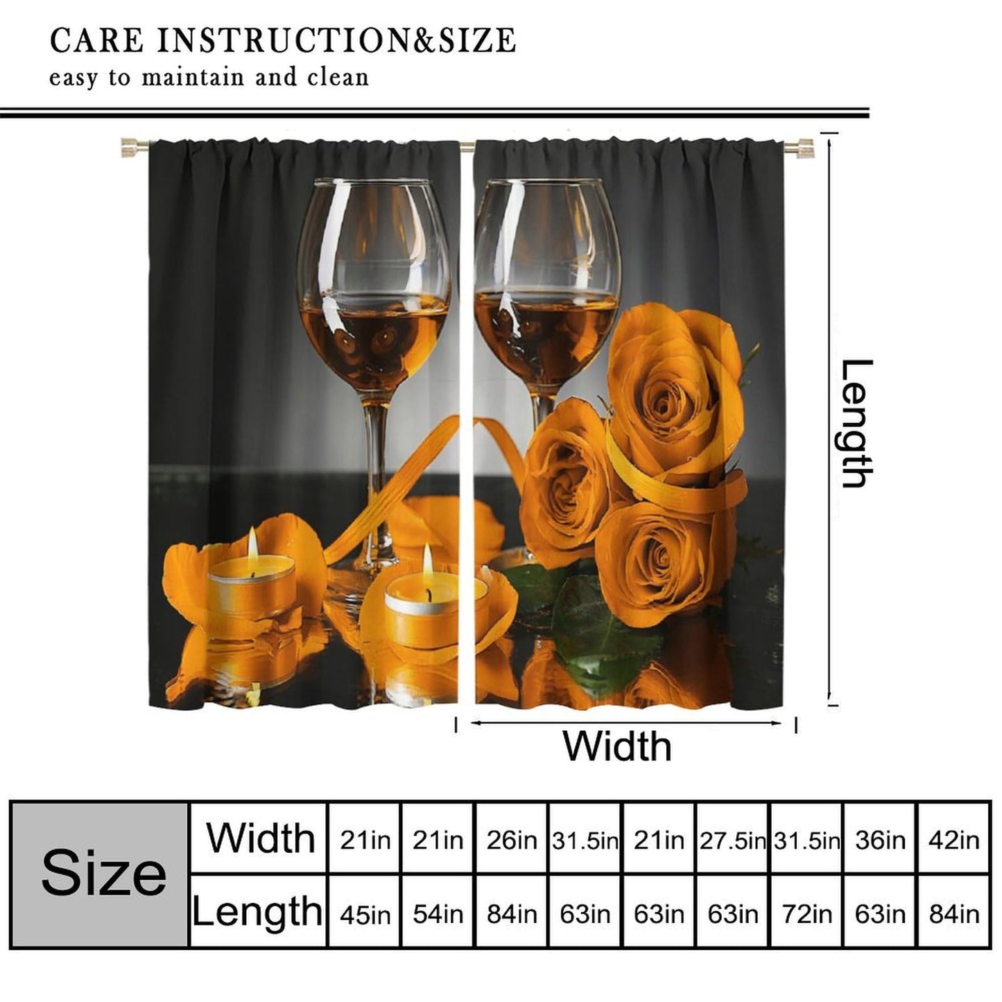 GoDazzling Rose Wine Blackout Curtains, Orange Floral Valentine Blossom Romantic Lover Art Printed Window Drapes, for Living Room Bedroom Kitchen 42" W X 45" L
