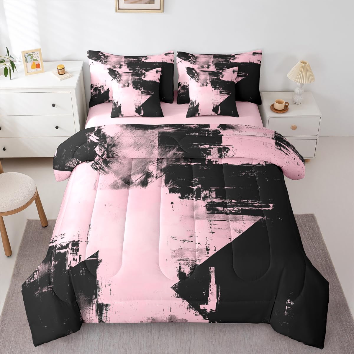 Feelyou Abstract Comforter Set King Size 7 Pieces Modern Abstract Art Bedding Set Luxury Bed in a Bag with Comforter, Sheets, Pillowcases, Cushion Covers Geometric Bedroom Decor Pink and Black