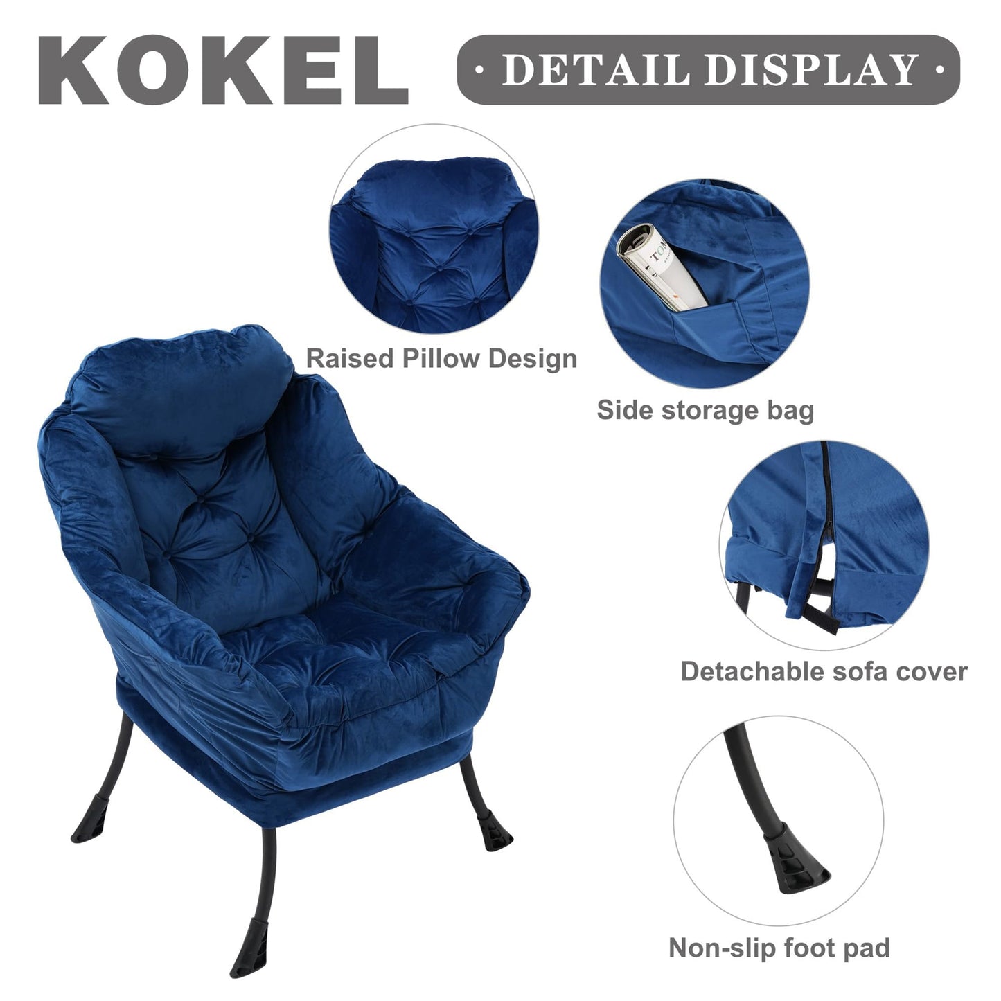 Kokel Lazy Chair with Folding Ottoman,Living Room Chairs, Accent Contemporary Lounge Chair, Single Steel Frame Leisure Sofa Chair with Armrests and A Side Pocket (Blue)