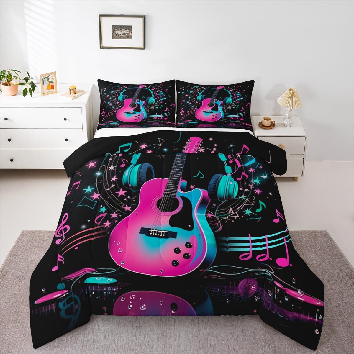 Erosebridal Guitar Music Comforter Set Queen Musical Notes Guitar Bedding Set Pop Music Theme Comforter for Kids Boys Girls,Fashion Hot Pink Blue Quilt Duvet