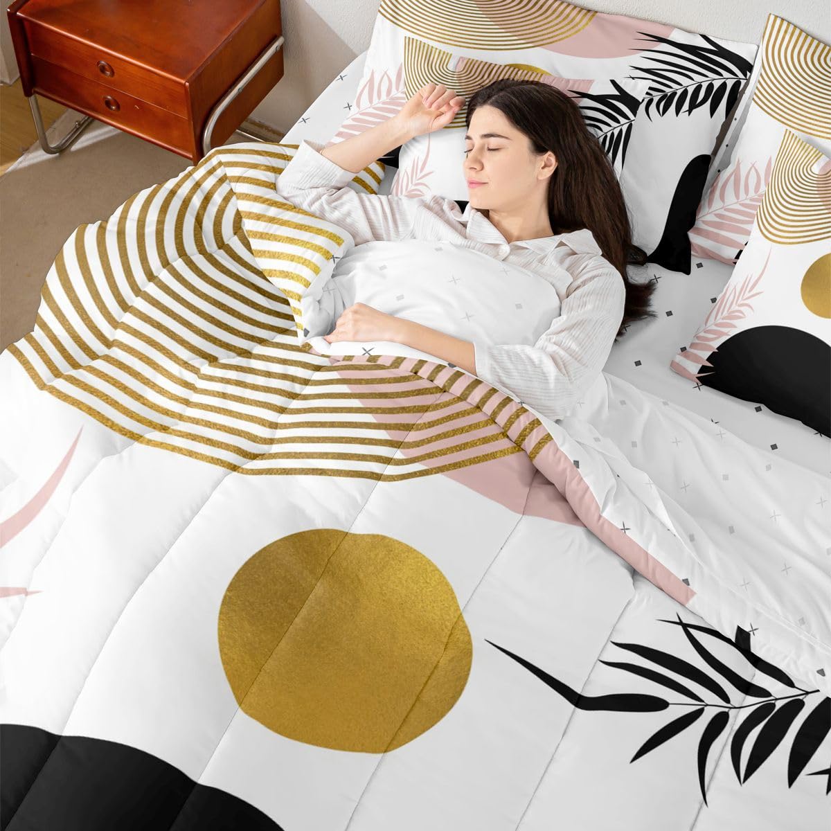 Erosebridal Boho Pink Black and Gold King Size Comforter Set with Sheets, Abstract Mid Century 7 Pcs Bedding Set for Adults, Minimalist Aesthetic Geometric Bed in A Bag, Modern Bohemian Chic Bed Sets
