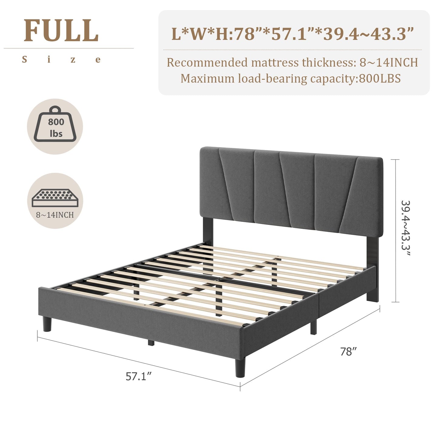 IDEALHOUSE Full Size Bed Frame with Upholstered Headboard, Heavy Duty Platform Bed Frame with Strong Wood Slats, Adjustable Headboard, Noise-Free, No Box Spring Needed, Easy Assembly