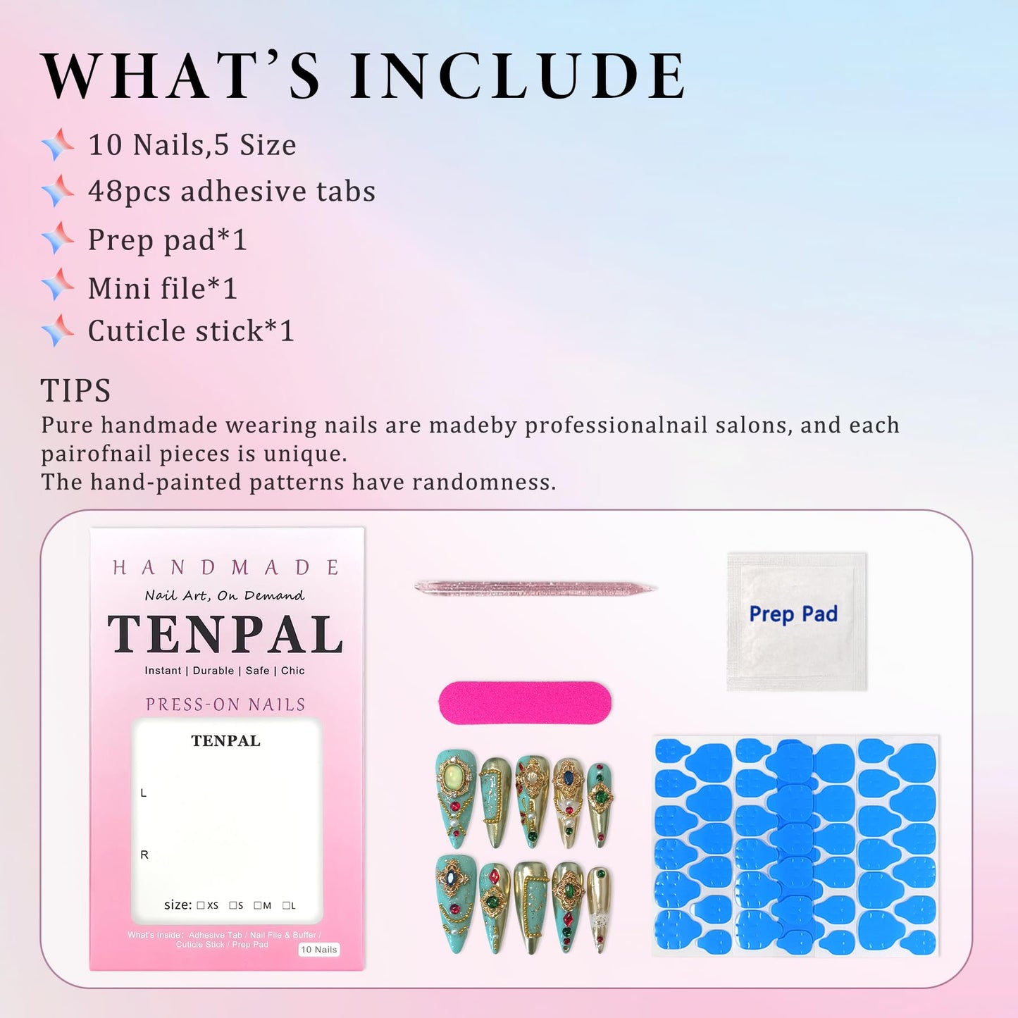 TENPAL Handmade Palatial Press On Nails Long Stiletto,Heirloom Chrysoberyl & Ruby Inlaid Designs Glue on Nails, Artisan Cameo False Nails 10Pcs with Tools Kit,Reusable Wedding Fake Nails for Bride(S)