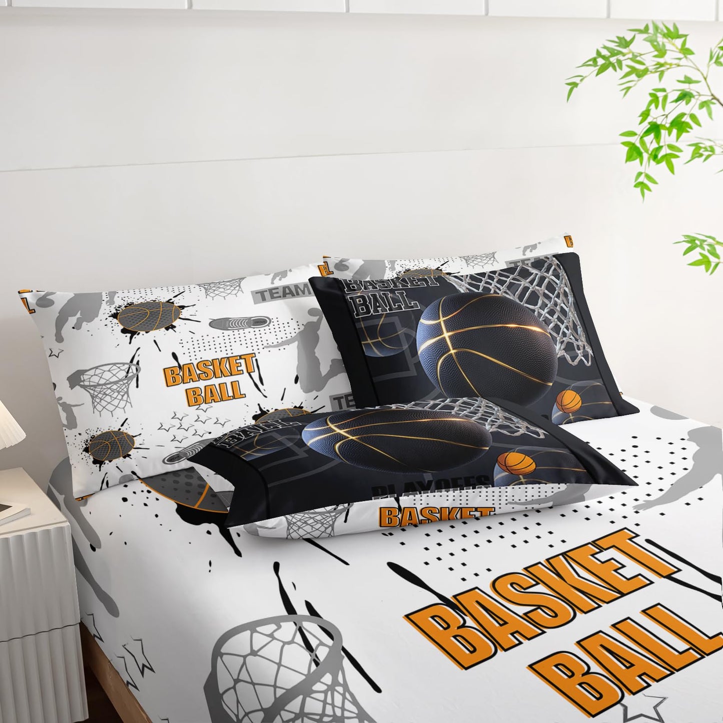 AILONEN Boys Black Basketball Comforter Set Full Size,7-Piece Soft Bed in a Bag,Sport Dunk Basketball Comforter & Fitted Sheet & Flat Sheet & 2 Pillowcases,2 Pillow Shams